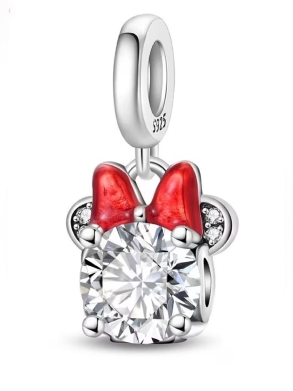 Sterling Silver Red Bow Minnie Mouse CZ Dangle Charm S925